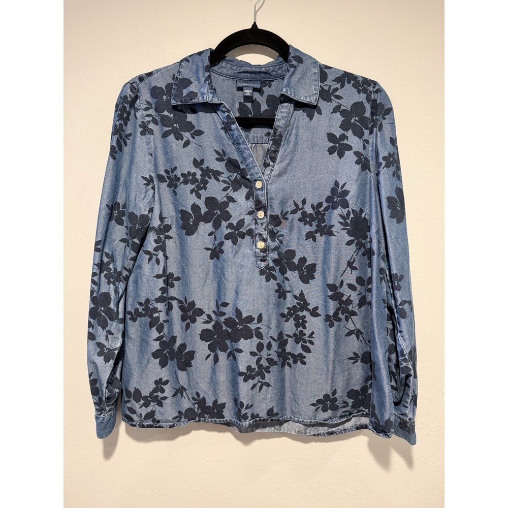 J. Jill Chambray Floral Long Sleeve/Roll Tab Sleeve Button Front Shirt Size XS P
